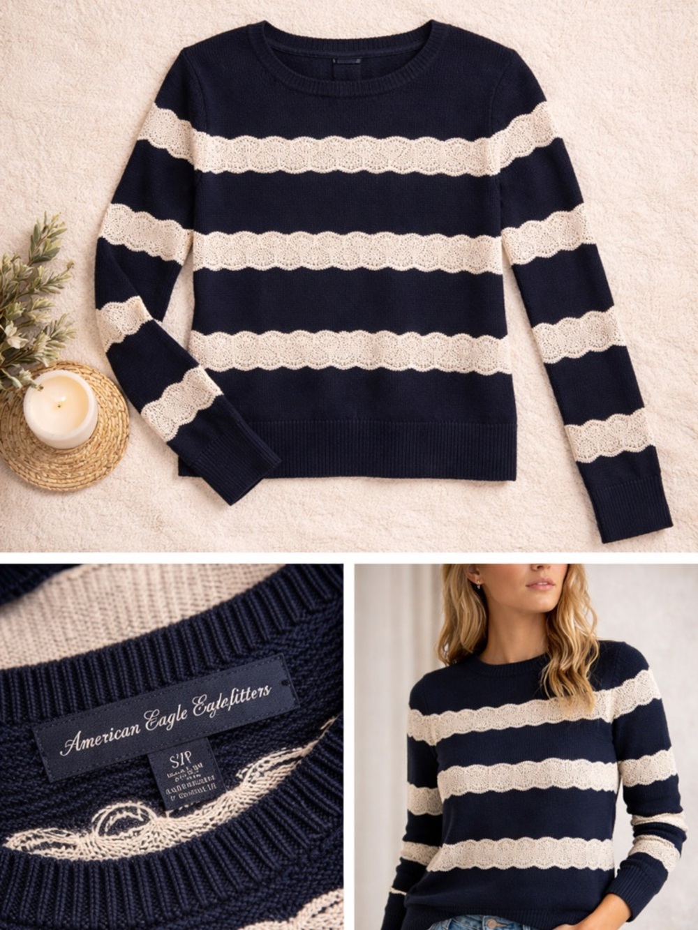 American Eagle Outfitters Navy & Cream Striped Lace-Trim Crew Sweater